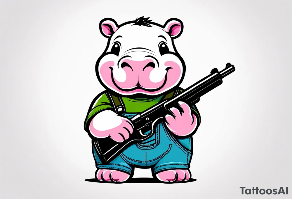 Baby hippo wearing overalls and holding a pistol tattoo idea
