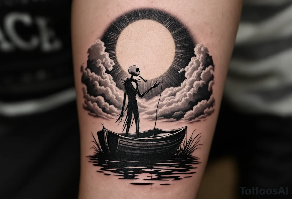 jack skellington in sun spotlight fishing in boat, on calm river, smoking cigar, big clouds, waving at angels in sky. tattoo idea