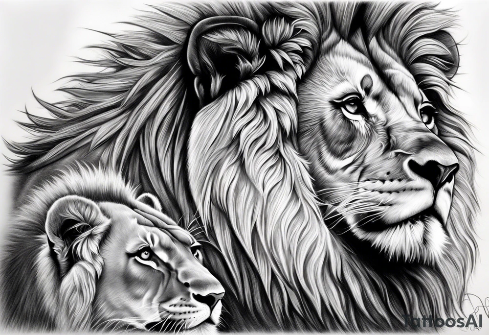 Realistic lion and lioness 
bonding add the date 09/22/2012 into the fur tattoo idea