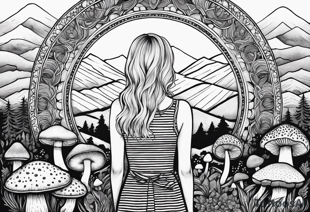 Straight blonde hair girl holding mushrooms in hand facing away toward mountains surrounded by mushrooms mandala circular design black and white striped dress tattoo idea