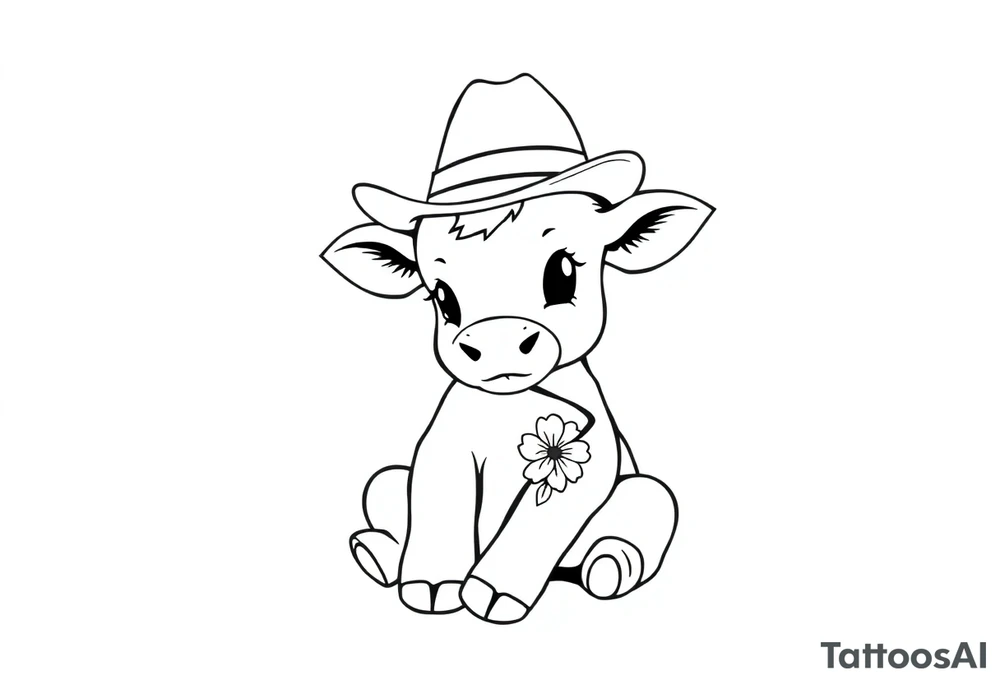 cute black and white baby cow sitting wearing a cowboy hat with a flower in mouth tattoo idea