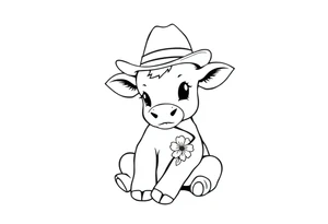 cute black and white baby cow sitting wearing a cowboy hat with a flower in mouth tattoo idea