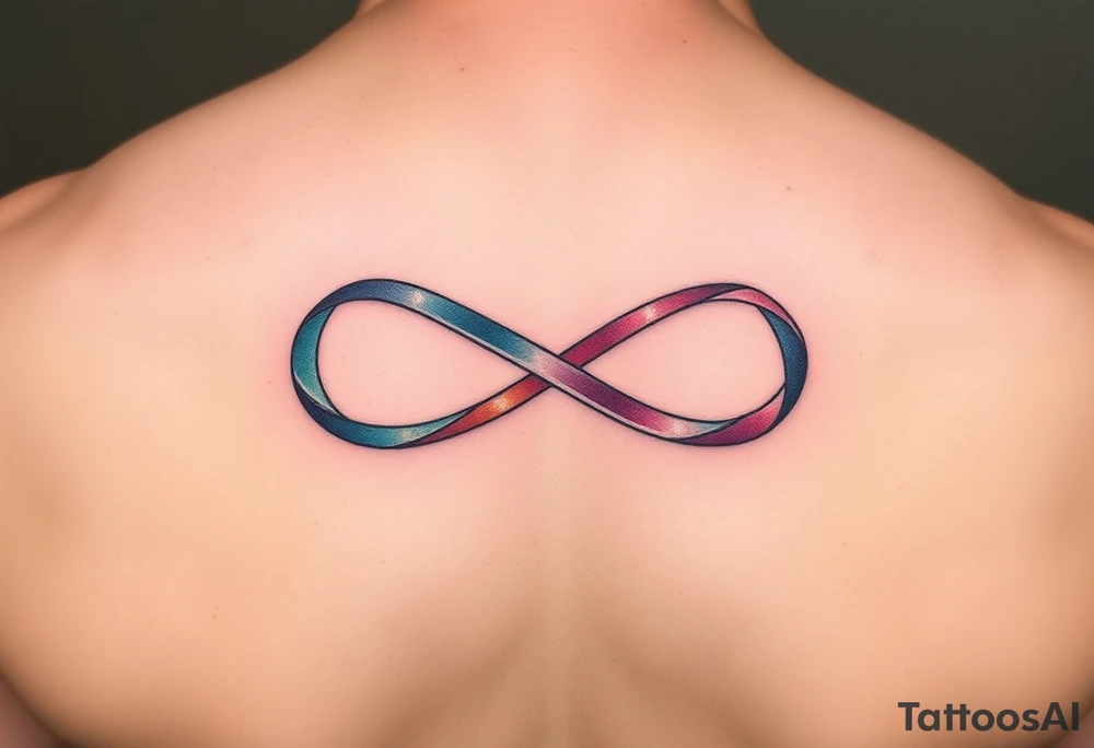 an infinity symbol with 5 colors of ribbons 3 march birthstone color, 1 october birthstone color, and 1 july birthstone color tattoo idea