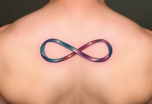 an infinity symbol with 5 colors of ribbons 3 march birthstone color, 1 october birthstone color, and 1 july birthstone color tattoo idea