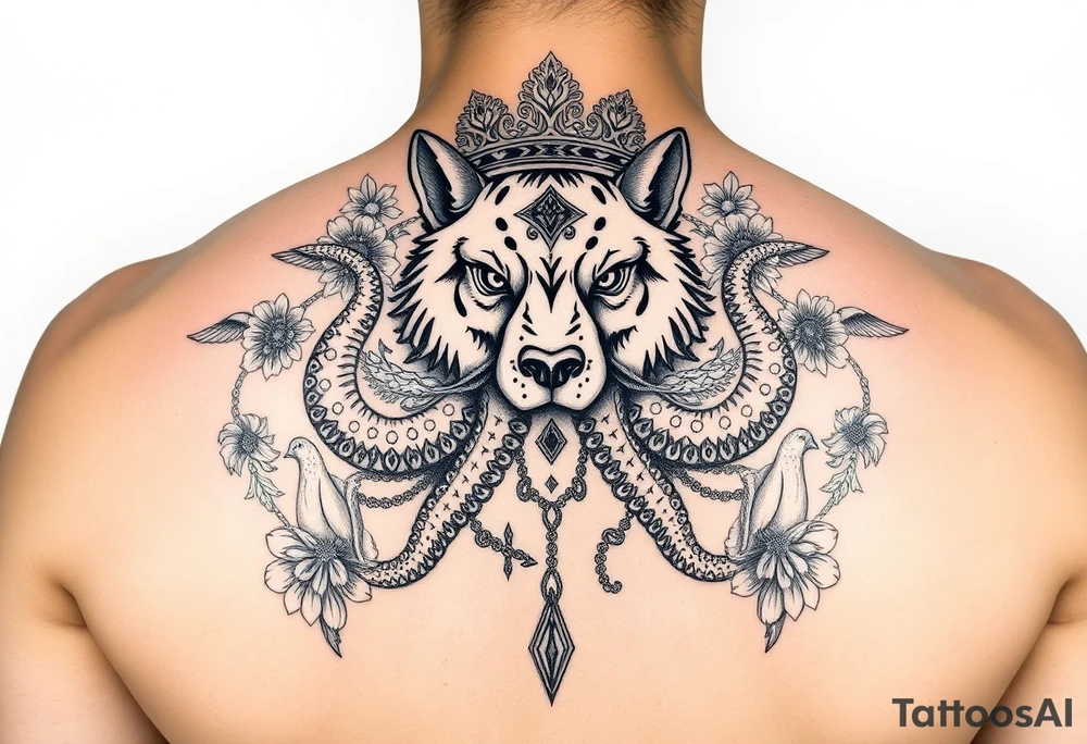 powerful majestic wolf octopus with a crown, surrounded by floral ornaments and birds tattoo idea