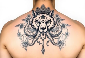 powerful majestic wolf octopus with a crown, surrounded by floral ornaments and birds tattoo idea