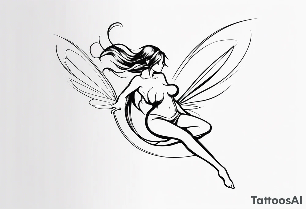 Minimalistic, monochromatic fairy with a tail flying to the left in a fetal position, leaning and looking in the same direction, with visible hands, embodying the 'Fairy Tail' logo aesthetic. tattoo idea