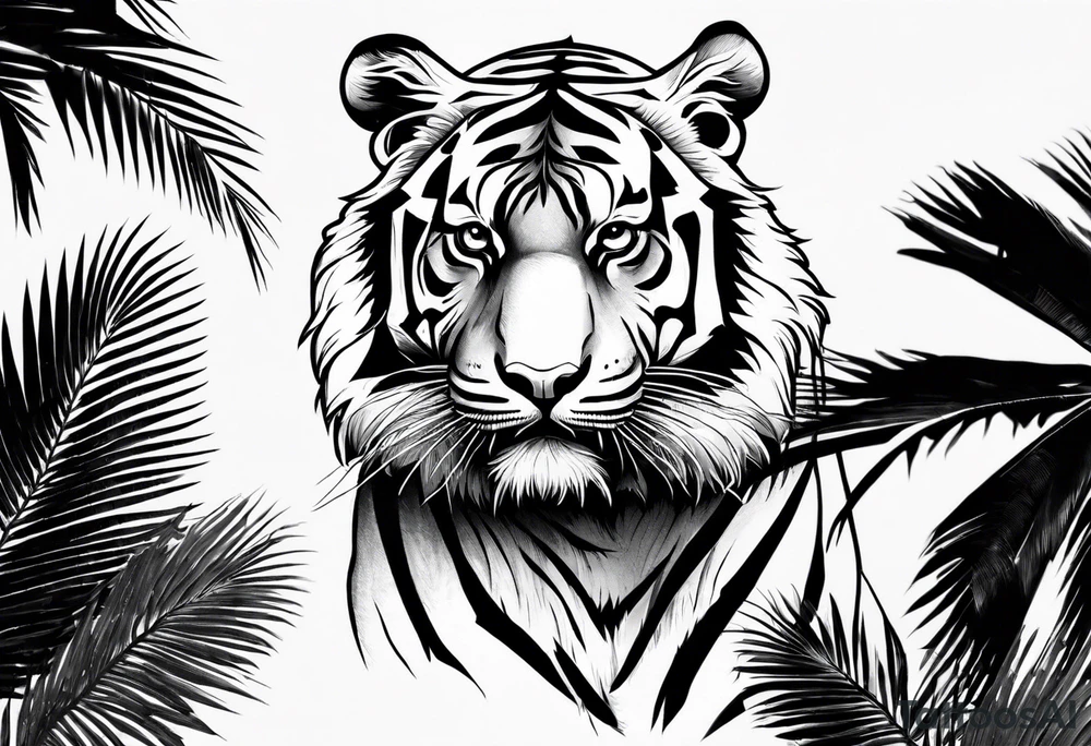 tiger hanging on palm tree tattoo idea