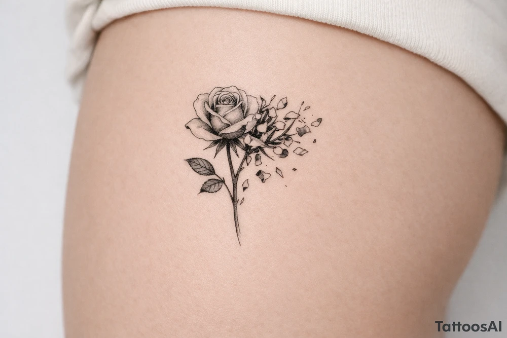 A single rose fading into a broken smashed rose tattoo idea