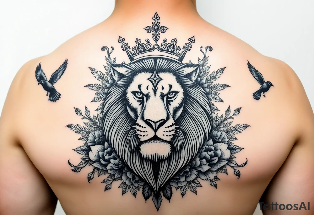 powerful majestic lion with a crown, surrounded by floral ornaments and birds tattoo idea