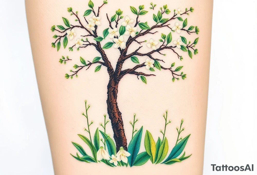 Lilly of the vally plants on the ground underneath a blooming hawthorn tree tattoo idea