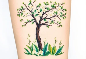 Lilly of the vally plants on the ground underneath a blooming hawthorn tree tattoo idea