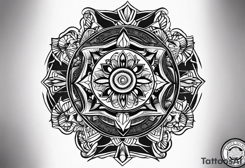 semi Detailed neo traditional knee tattoo flat on paper. The tattoo features geometric patterns and bold lines, creating a visually striking design with slight tints of deep fall colors. outside the tattoo features deep blues washes and water swirls in fall elements and colors tattoo idea