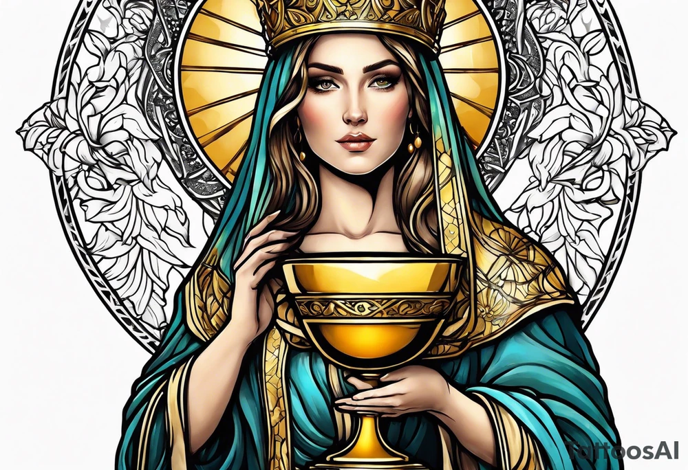 woman saint holding chalice surrounded by golden halo portrait tattoo idea