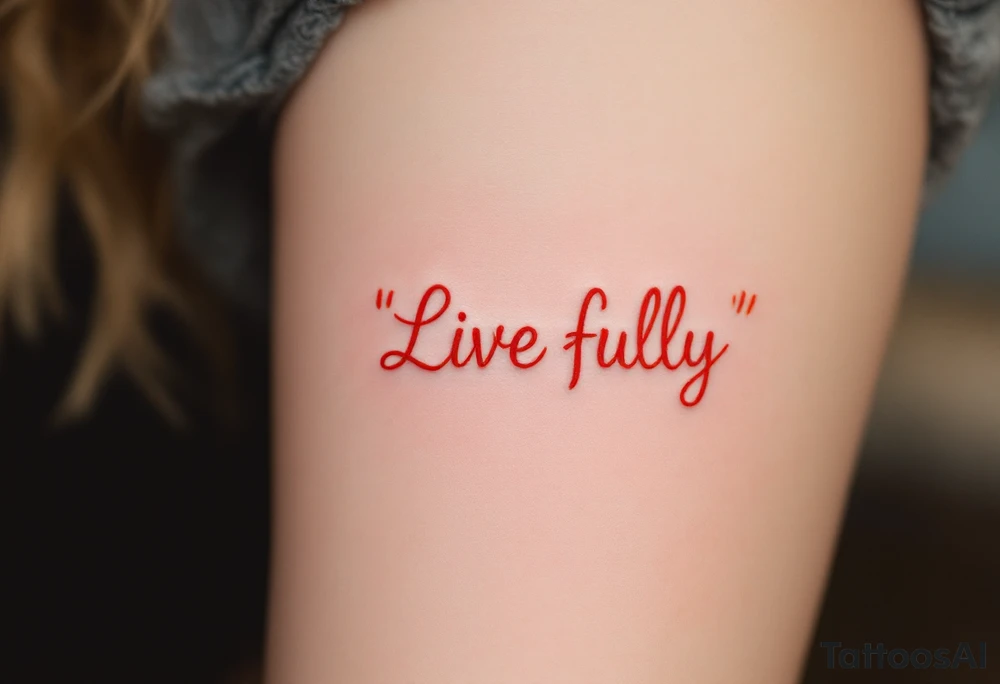 “Live fully” in bright coral ink, with yellow sun rays stretching outward. tattoo idea