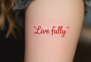 “Live fully” in bright coral ink, with yellow sun rays stretching outward. tattoo idea