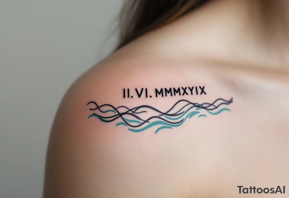 Fine-line II.VI.MMXIX in dark ink on the inner bicep, with stylized waves in desaturated teal flowing beneath. tattoo idea