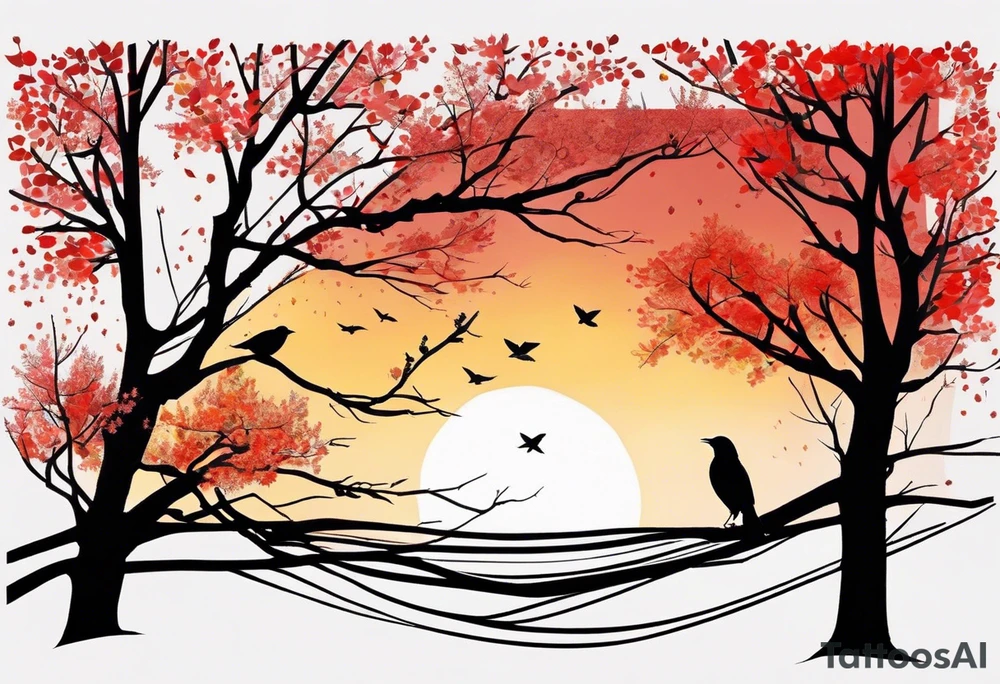 trash polka style. Arm tattoo. chest tattoo. Long tattoo. large tattoo. Full sleeve. Shoulder. A single large maple tree with red autumn leaves that branches upwards from wrist to shoulder. White-throated dipper bird on the trees branches. Calluna flowers at the base of the trees stem. Tree stem has dark colors. Red/yellow sunset behind the trees stem. Leaves falling. tattoo idea