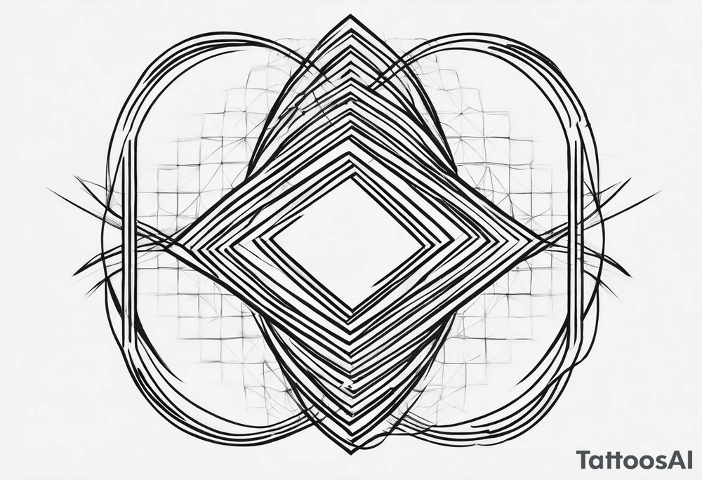 very minimalist tattoo. It should be long and narrow, to goo on an arm. It starts with one square with a dotted line coming out of it, connecting to two interlocked circles, with two lines coming out of them, then connecting to a triangle with multiple lines coming out of it. black and white. tattoo idea