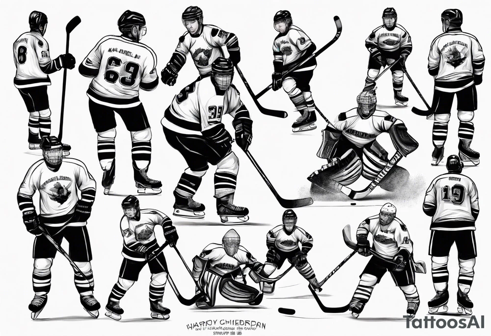 Hockey scene incorporating my children’s names in jerseys tattoo idea