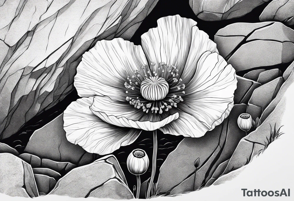 poppy growing out of rock hugging 
rock in support tattoo idea