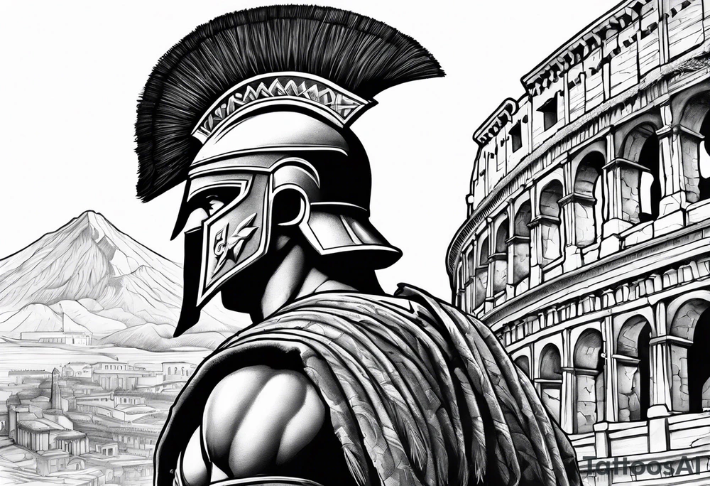 Side profile of spartan soilder looking at Roman city tattoo idea