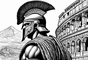 Side profile of spartan soilder looking at Roman city tattoo idea