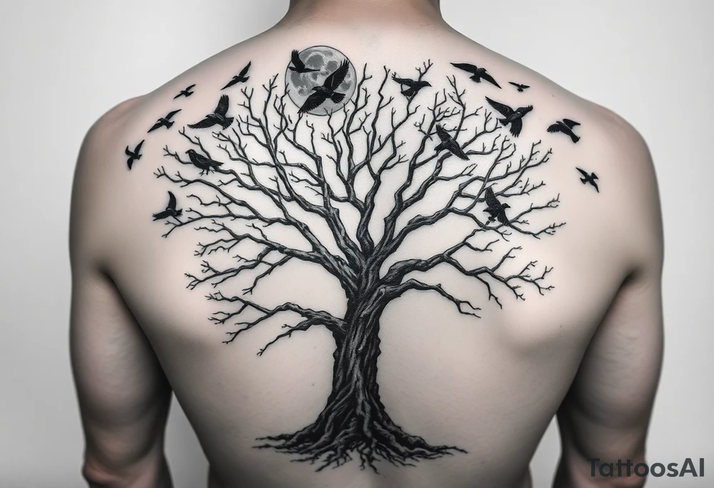 A very realistic, large tree of life that is bare with lots of crows flying  above it a moon that’s behind that covers my whole back and two Viking hatches that would go across my shoulder blades. This is a backpiece. tattoo idea