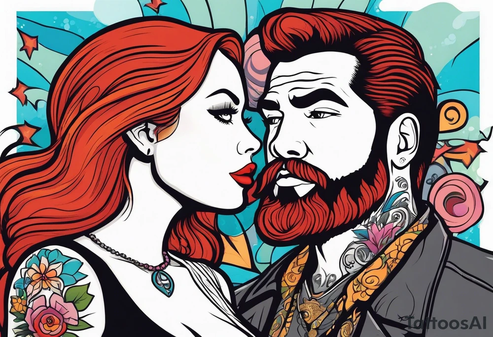 Busty red haired woman with a bearded man who has black hair tattoo idea
