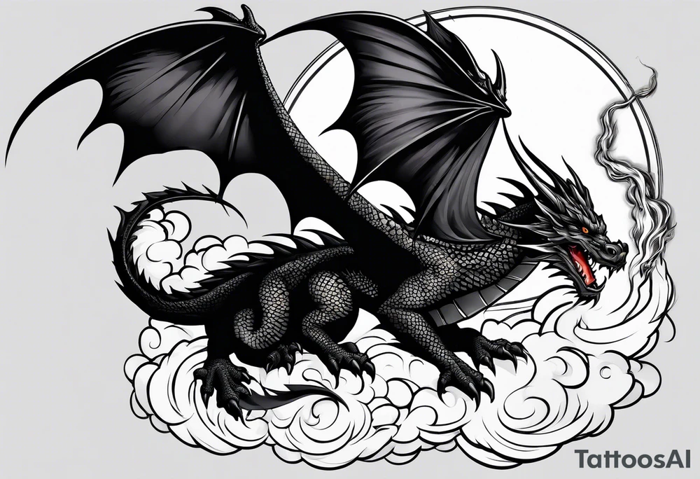Black dragon with a dagger tail. In the clouds with lightning. tattoo idea