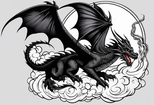 Black dragon with a dagger tail. In the clouds with lightning. tattoo idea