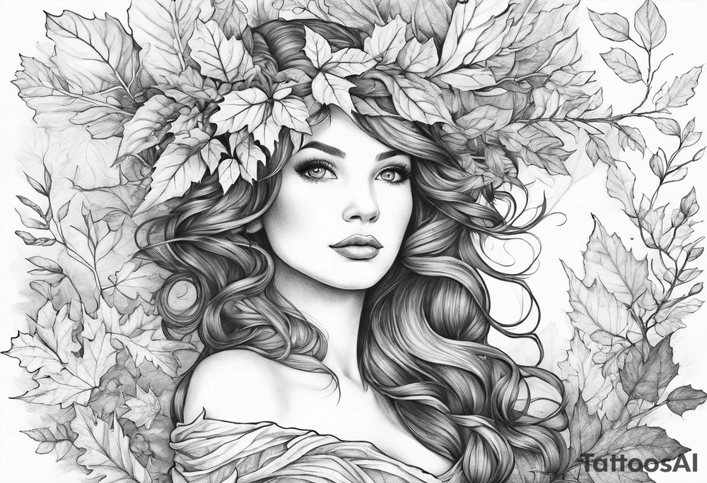 A auburn haired fairy in the middle of a forest during the peak of autumn, twirling in a whirlwind of autumn leaves tattoo idea