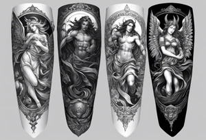 Craft a leg sleeve showcasing a pantheon of angels and demons from various mythologies, each with unique characteristics and symbolism, representing the duality of celestial beings. tattoo idea