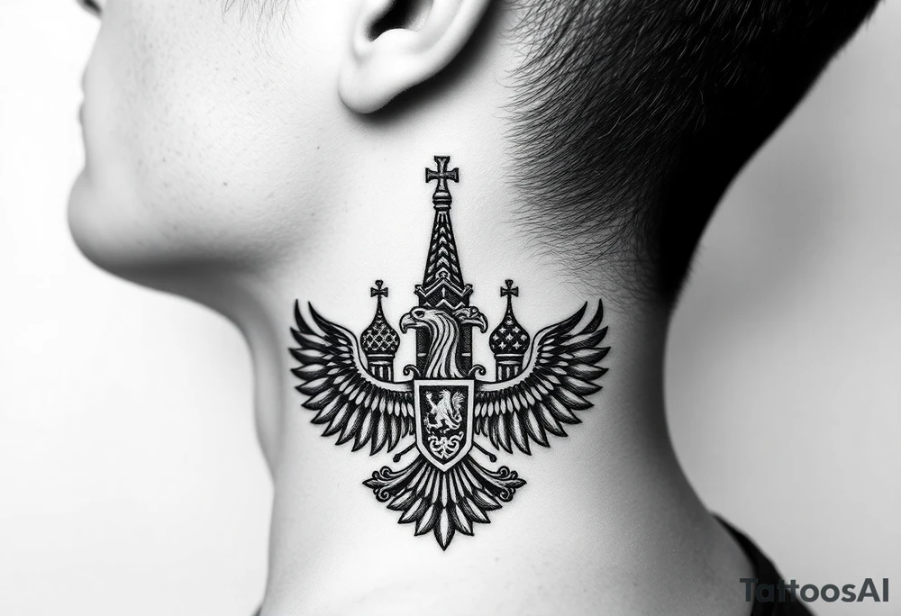 St. George, 3 russian imperial crowns above the Russian coat of arms double eagle and sitting above its wingspan sitting just above Kremlin or St. Basil's Cathedral scene  on the side of my neck tattoo idea