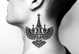 St. George, 3 russian imperial crowns above the Russian coat of arms double eagle and sitting above its wingspan sitting just above Kremlin or St. Basil's Cathedral scene  on the side of my neck tattoo idea