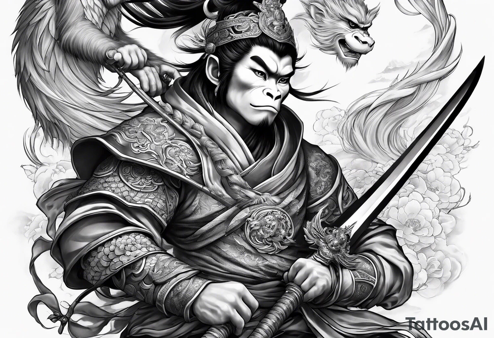 a full arm sleeve tattoo of
the monkey king with weapon, a japanese dragon, and
shrouded mother holding a baby tattoo idea