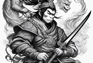 a full arm sleeve tattoo of 
the monkey king with weapon, a japanese dragon, and
 shrouded mother holding a baby tattoo idea