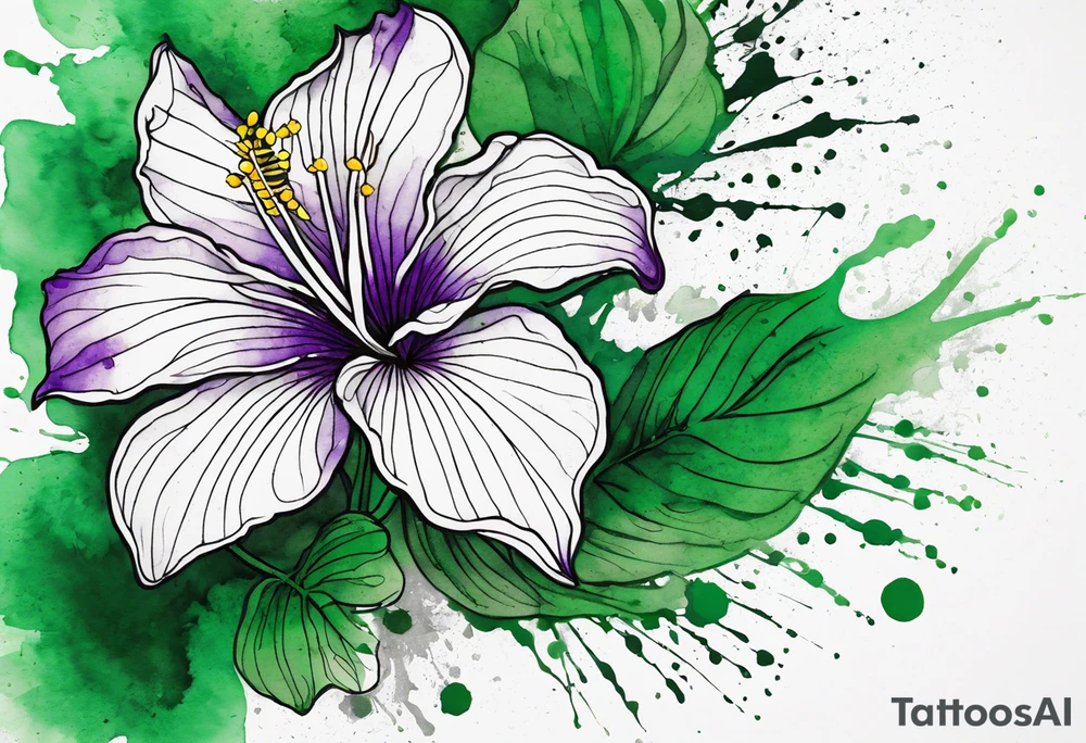 An outline of a rio dipladenia flower with a green and purple watercolor splatter in the background tattoo idea