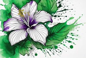 An outline of a rio dipladenia flower with a green and purple watercolor splatter in the background tattoo idea