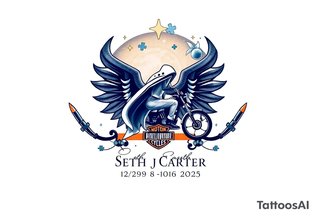 memorial, futuristic, star wars, space, Harley Davidson, skateboarding, camping, puzzle pieces, video games, heaven, god, outdoors, bullets,
Seth J. Carter AKA "Darth Carter"
12/29/88-01/06/2025 tattoo idea