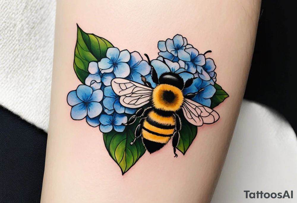 Small tattoo. There’s a hydrangea and a bee but they are not touching. The bee is small and to the left of the hydrangea. tattoo idea