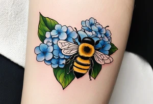 Small tattoo. There’s a hydrangea and a bee but they are not touching. The bee is small and to the left of the hydrangea. tattoo idea