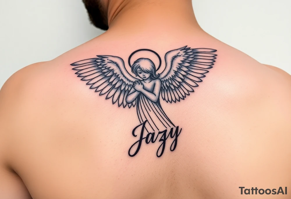 upper arm tattoo - Remembrance angel of a deceased best friend with the name Jazy incorporated tattoo idea