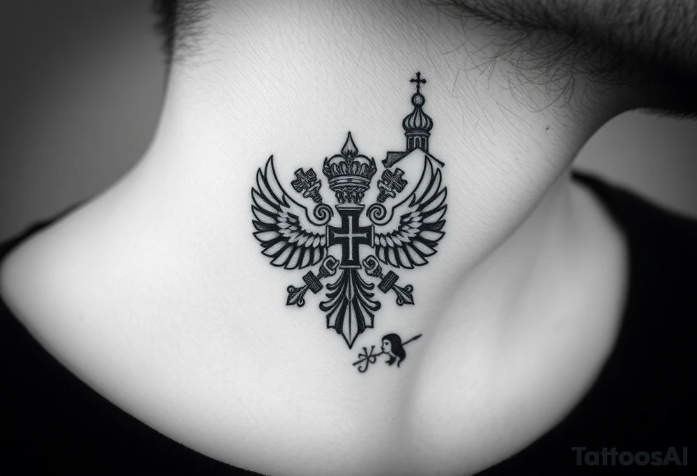 russian coat arms in a russian christian orthodox cross with the cross in the middle with a virgin mary & orthodox dome church on the side of the neck in a wilderness setting tattoo idea