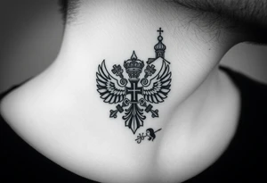 russian coat arms in a russian christian orthodox cross with the cross in the middle with a virgin mary & orthodox dome church on the side of the neck in a wilderness setting tattoo idea
