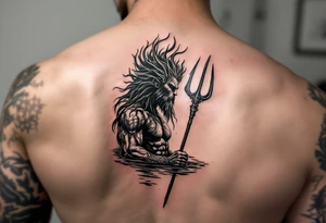 fit young poseidon with trident half way in calm water tattoo idea