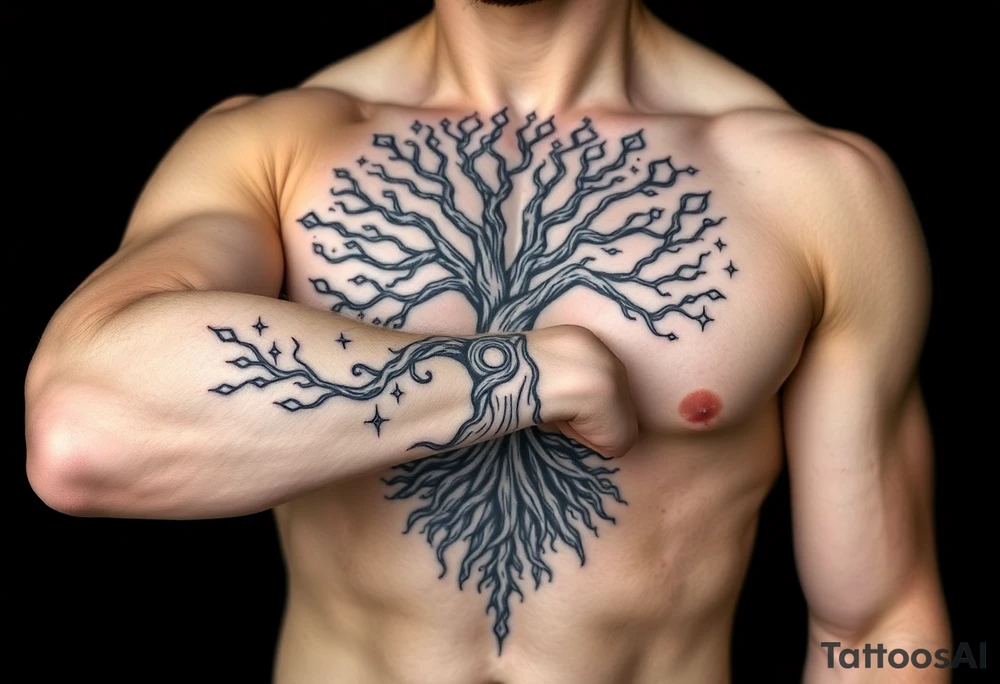 mystical tree of life with cosmic roots and celestial branches tattoo idea