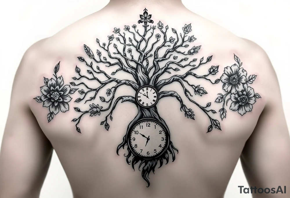 tree of life with cosmic roots and celestial branches, clock, flowers, tattoo idea