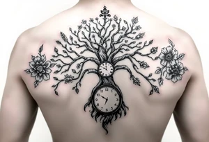 tree of life with cosmic roots and celestial branches, clock, flowers, tattoo idea