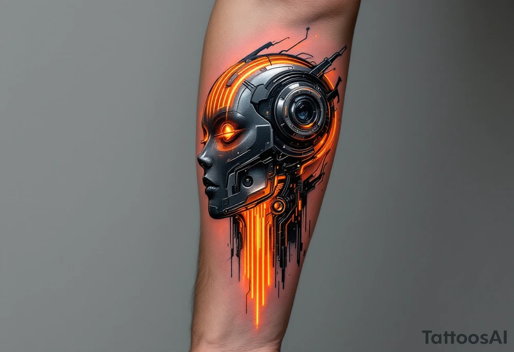 A half-android full arm design in glossy gunmetal, lit from within by soft amber light trails tattoo idea